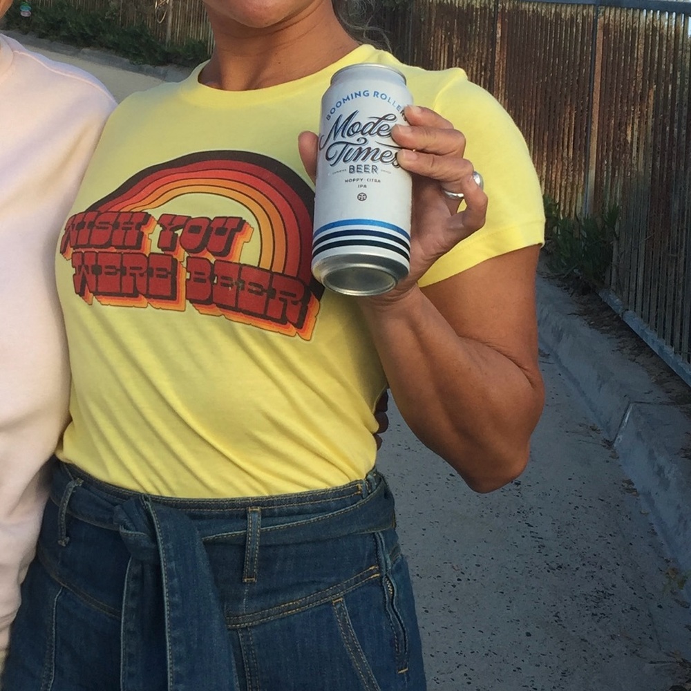 Yellow Graphic Tee “Wish You Were Beer” Retro Design
